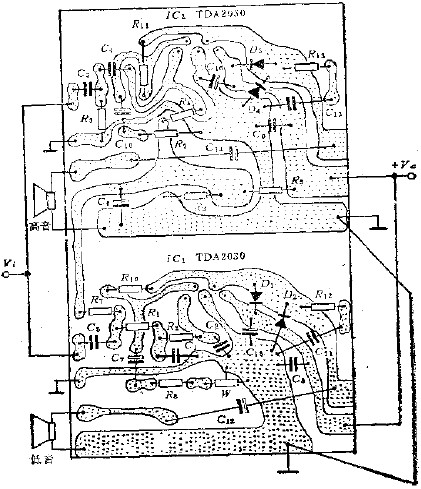 二路RC分频22W音箱功放电路印制板
