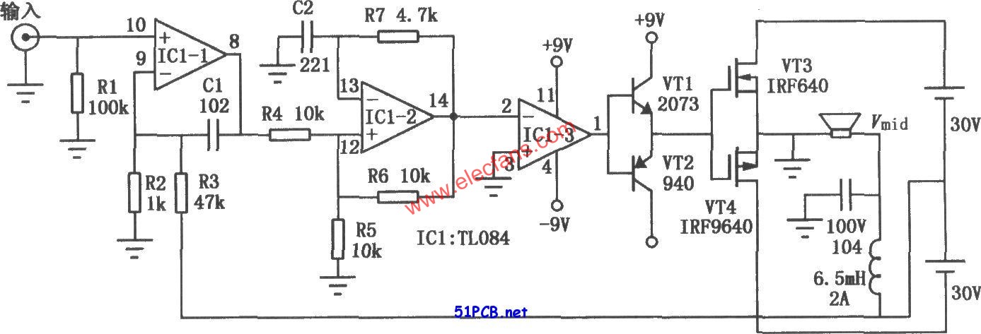 实用数字功放(TL084)电路图  www.elecfans.com