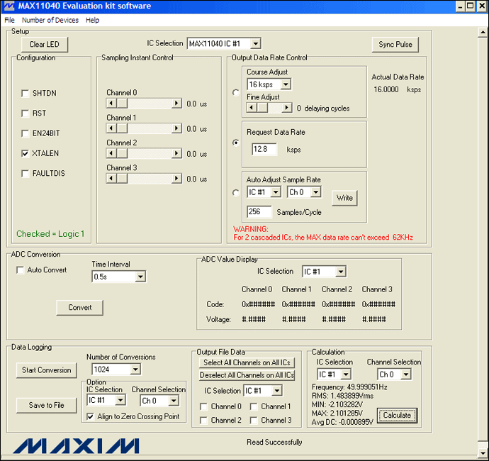 图4. MAX11040EVKIT GUI允许用户方便地设置各种测量条件：12.8ksps、256采样点/周期和1024次转换。此外，GUI的计算部分提供了一个进行快速工程运算的便捷工具。