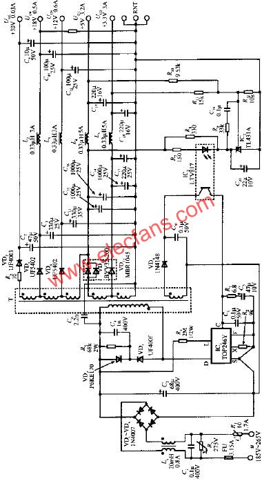 由TOP246Y构成的45W多路输出式开关电源电路  www.elecfans.com