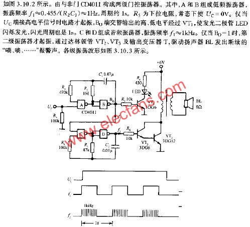 由门控振荡器组成的声光报警电路  www.elecfans.com