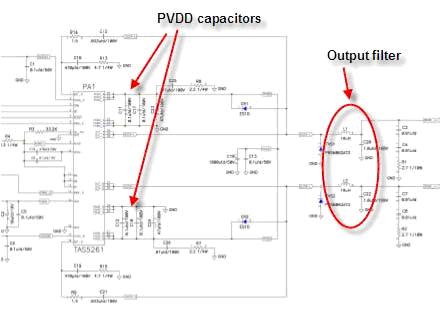 TAS5261 参考设计的 PVDD 电容及输出 LC 滤波器等组件