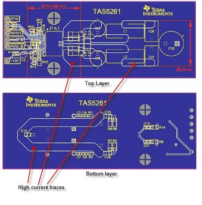 TAS5261 参考设计 PCB 的高电流信号线范例