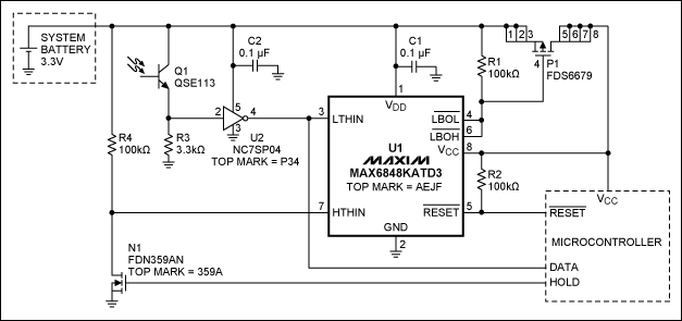 Figure 1. This circuit withholds power from the attached microcontroller until it detects an IR transmission. While in standby mode, its quiescent current is less than 2µA.