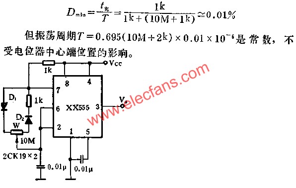 时基集成电路组成可变点穴比的脉冲发生器电路图 www.elecfans.com