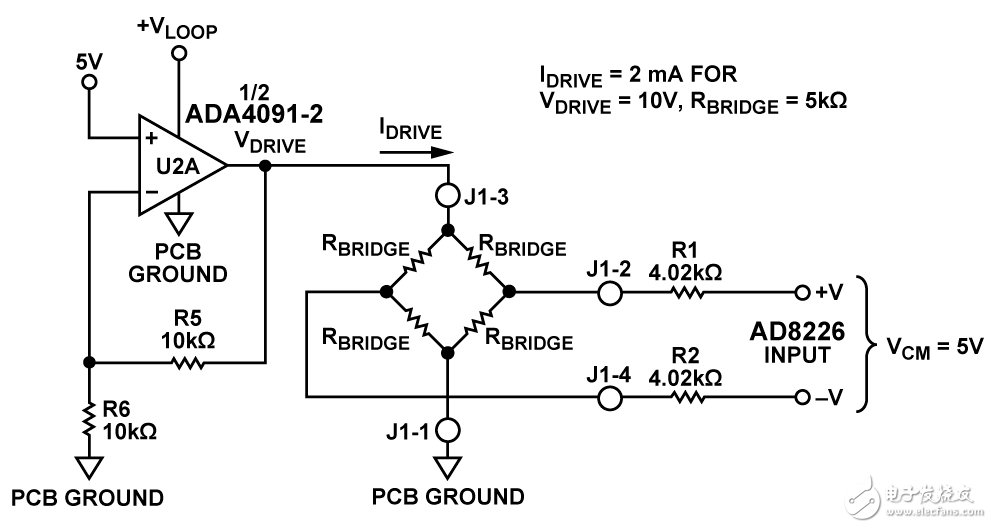 图2. 传感器电压驱动配置（RBRIDGE=5kΩ、VDRIVE=10V