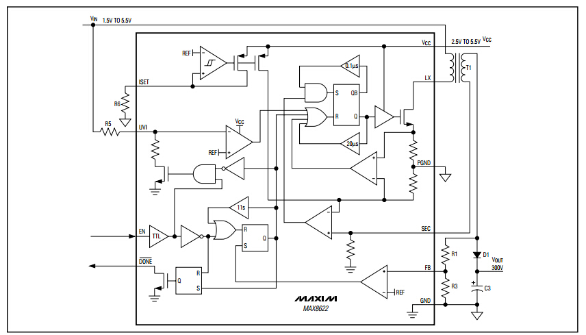 MAX8622 用于数码产品的可快速充电氙闪光灯充电器