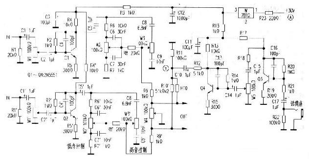 該電路工作穩定,電源的取得有兩種方法:一是取自功放級的電源