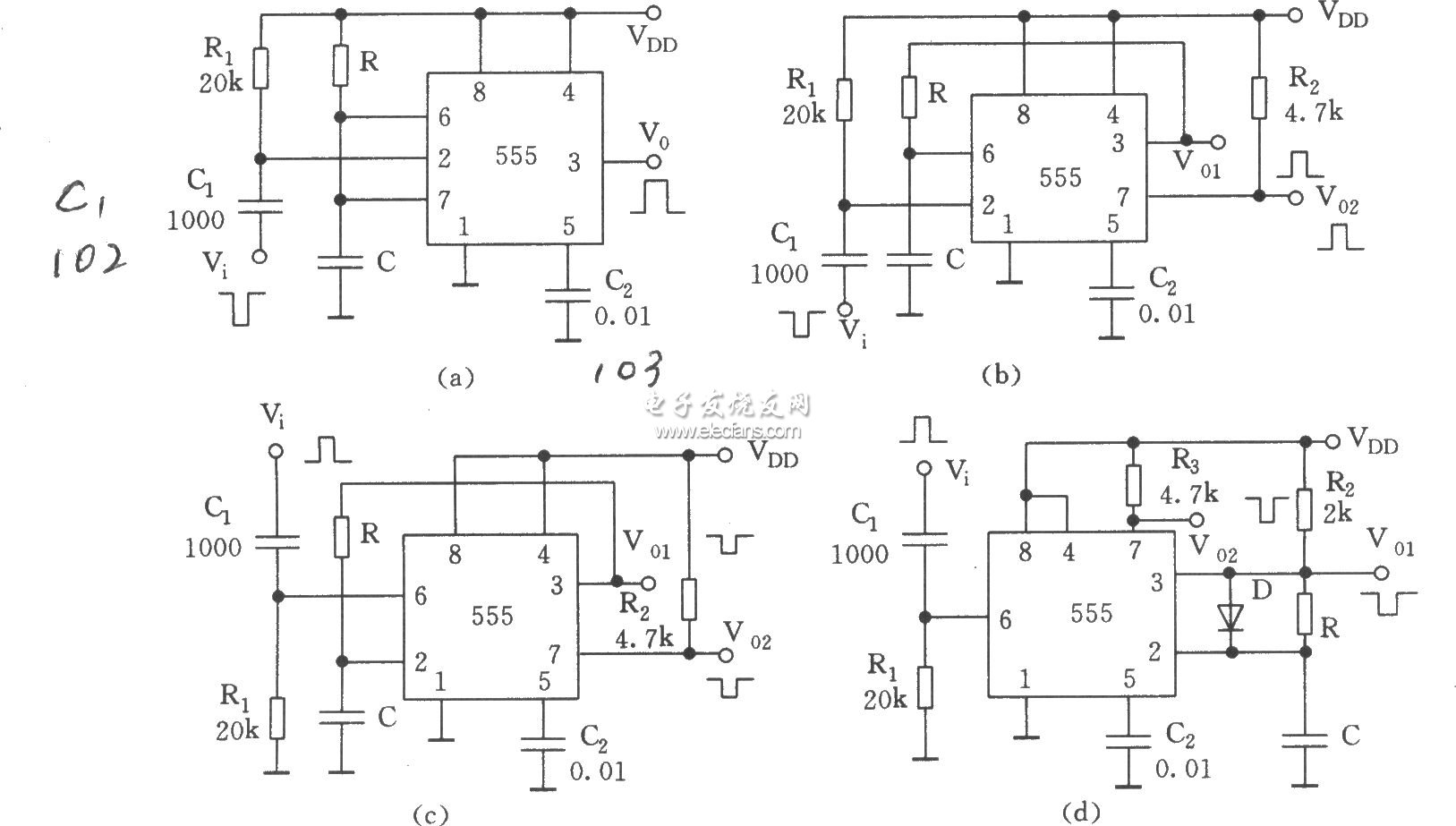 555构成的单稳态触发器的四种 555集成电路大全 电子发烧友网
