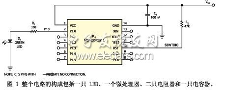 整个电路的构成包括一只 LED、一个微处理器、二只电阻器和一只电容器