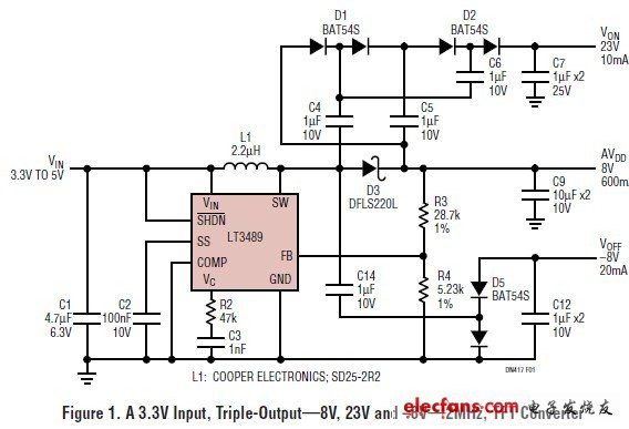 三路输出稳压器驱动大型TFT-LCD显示器