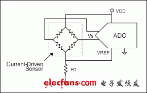 图5. 此电路采用电流驱动传感器，但无需电流源和电压参考