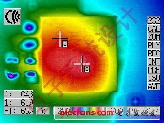图3:LTM4611稳压器从5V输入产生1.5V/15A输出时的顶部热像（功耗为3.5W）。在无气流的实验台上测试形成65℃的表面温度热区
