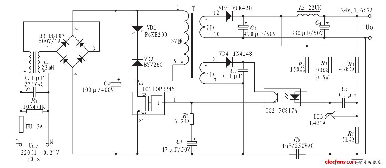 图2 24V/40W电源电路