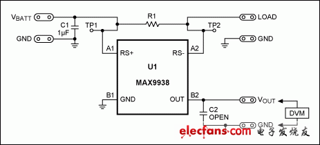 图4. MAX9938EV标准分流器为50mΩ、4端电阻(R1)。利用6个100mΩ电阻并联R1，得到12.5mΩ检流电阻。
