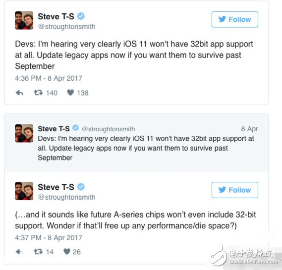 近日，知名开发者Steven Troughton-Smith透露，自iOS 11系统开始，苹果将全面停止支持32位应用，届时，App Store中将有大批32位应用无法正常工作，并且可别以为这是件小事，现在我们用的App中，有不少还停留在32位，游戏、教育和娱乐类应用占到了绝大多数，用户可以到设计界面总的应用选项中进行查看。