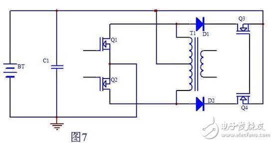 上面我们已经分析了Q1，Q2两管漏极产生尖峰的原因，下面我们就来想办法消除这个尖峰了。我想到的办法就是Q1，Q2的漏极到电池的正极加一个开关，当然这个开关也由MOS管来充当，当然其它功率管也行。这个开关只在Q1，Q2都截止时才导通，用电路实现如图7所示：