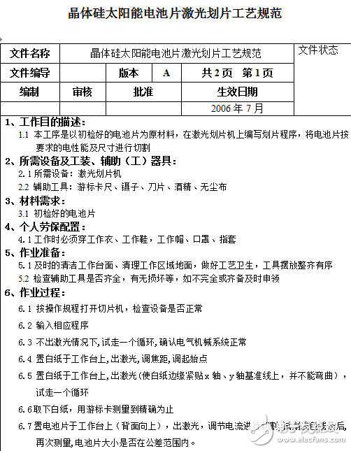 晶体硅太阳能电池片工艺规范和组件测试及清理工艺规范介绍