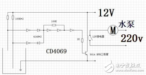 cd4069制作自动上水电路电路图如下用cd4069制作的声光控开关电路