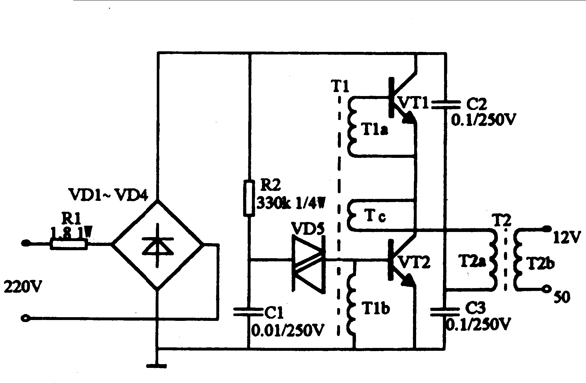 二極管vd1～vd4構成整流橋把市電變成直流電,由振盪變壓器t1,三極管